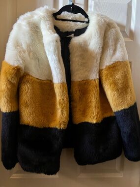 Soprano Colorblock Faux Fur Jacket in White, Mustard & Black